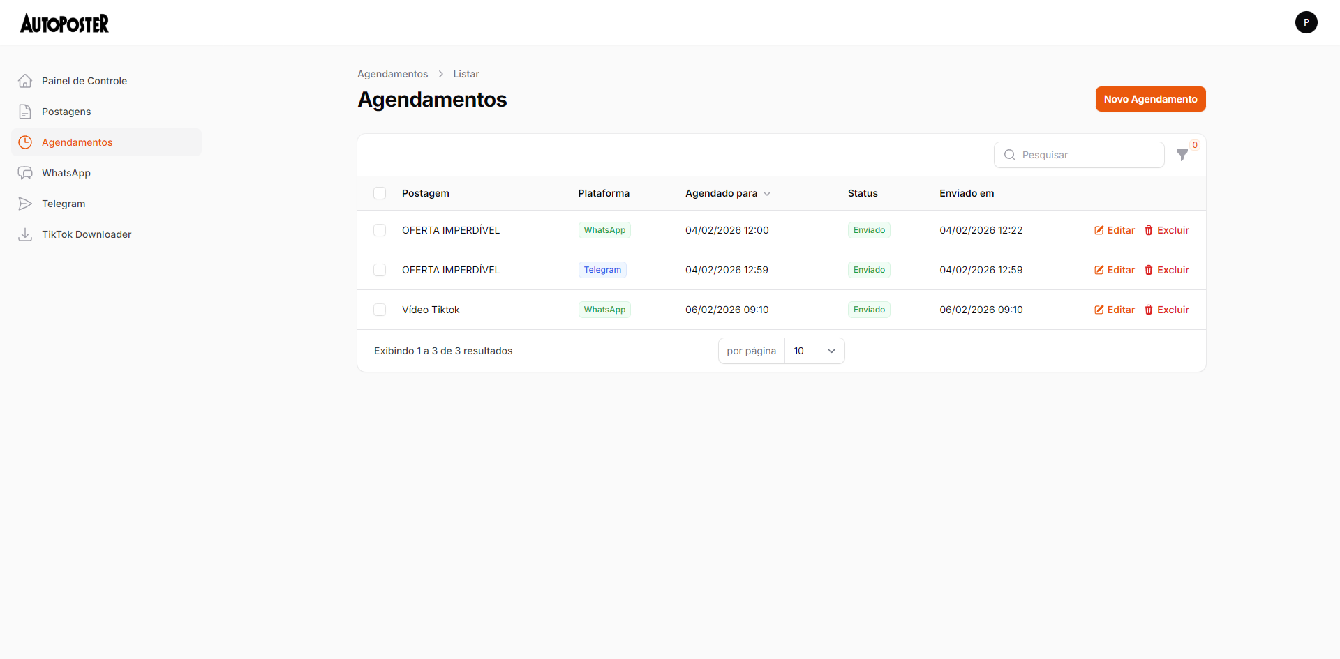 Tela de Agendamentos